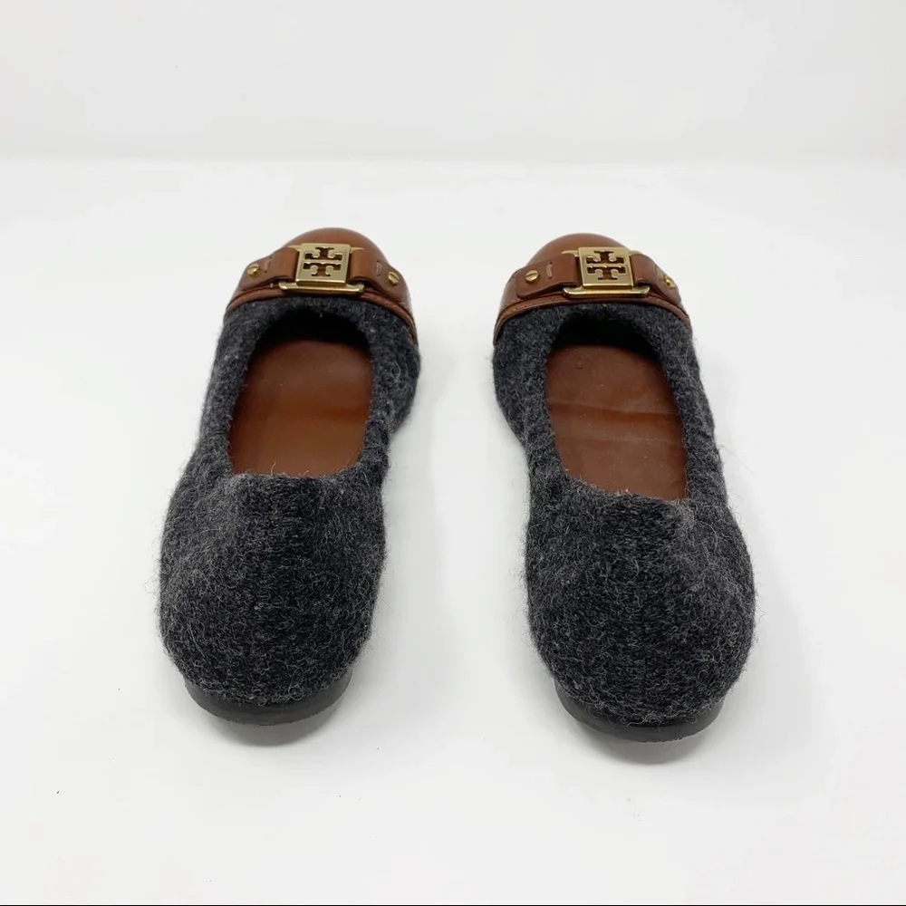 Tory Burch Brown Leather & Charcoal Wool Logo Ballet Flats
